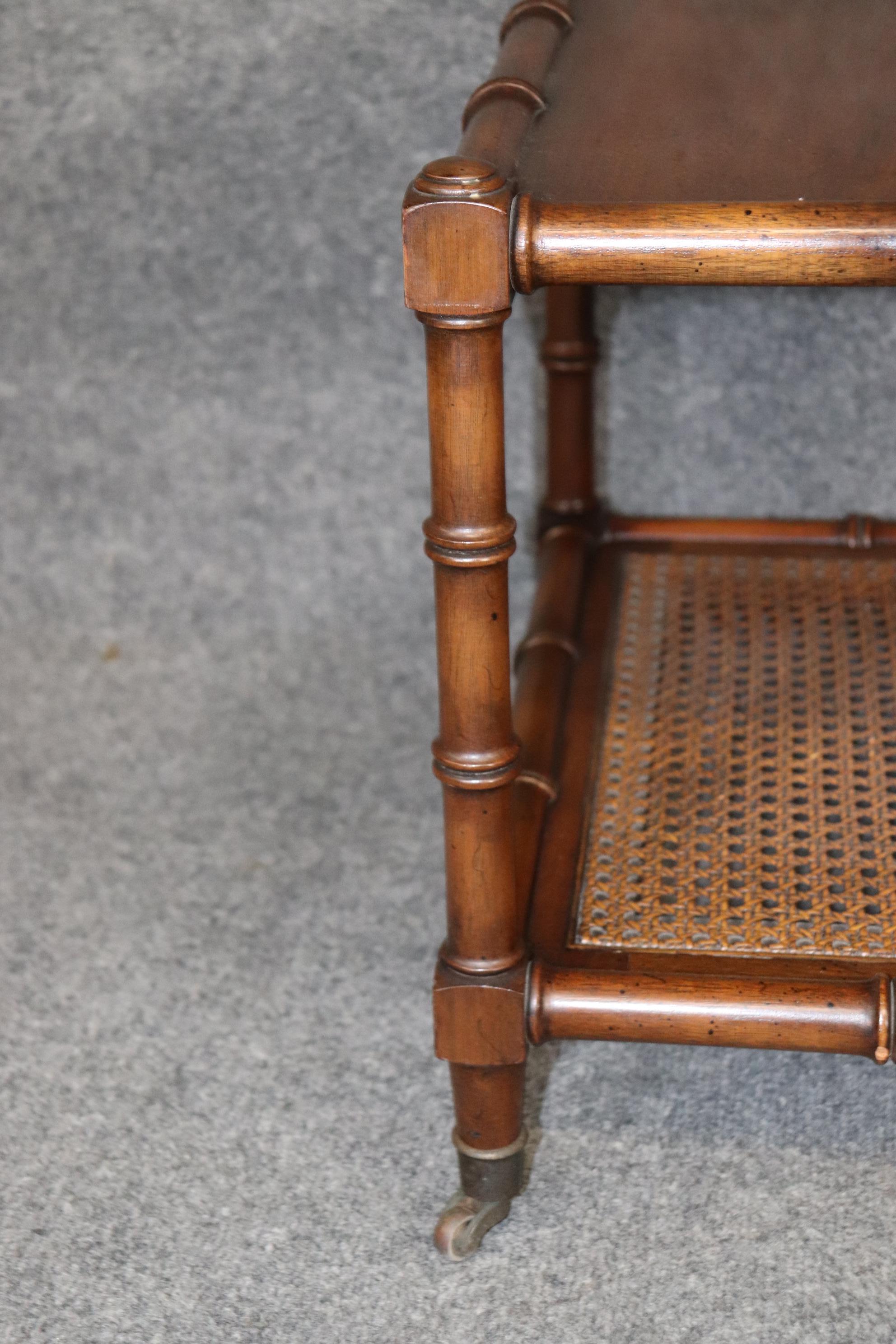 Pair of French Faux Bamboo End Side Tables with Cane Bottoms and Casters 1