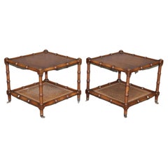 Vintage Pair of French Faux Bamboo End Side Tables with Cane Bottoms and Casters