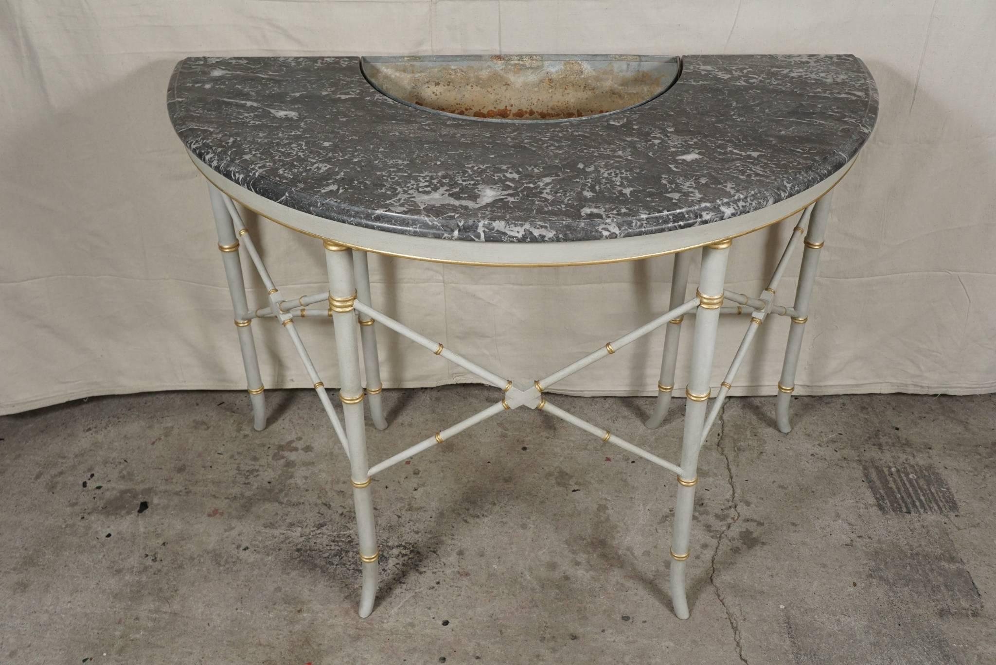 Painted Pair of French Faux Bamboo Marble Topped Demi-Lune Console Planter Tables