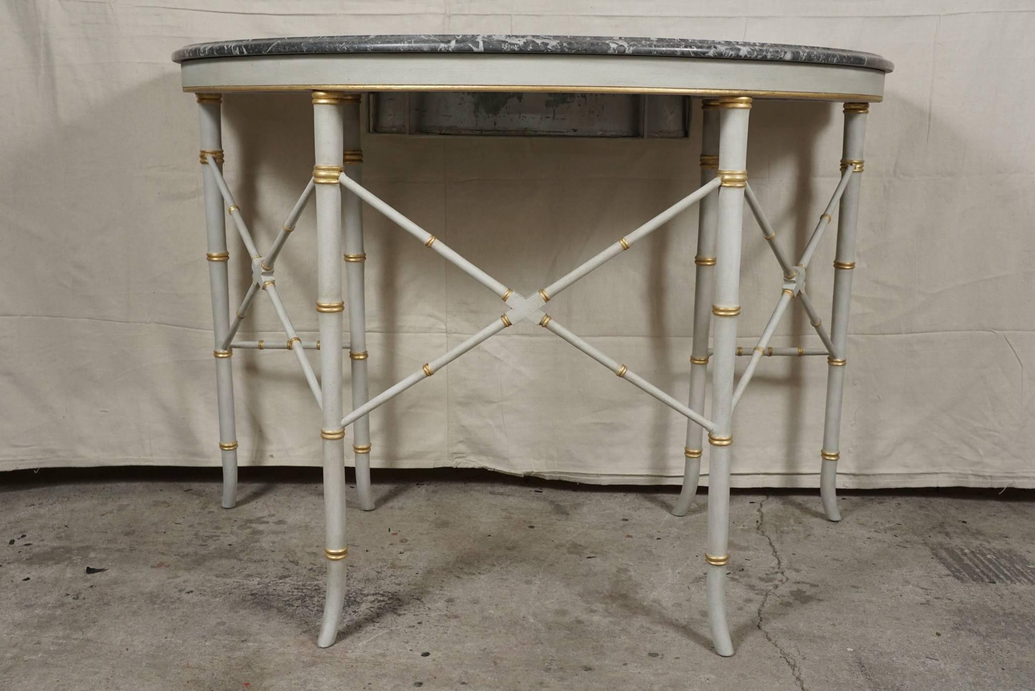 Pair of French Faux Bamboo Marble Topped Demi-Lune Console Planter Tables 1