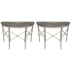 Pair of French Faux Bamboo Marble Topped Demi-Lune Console Planter Tables