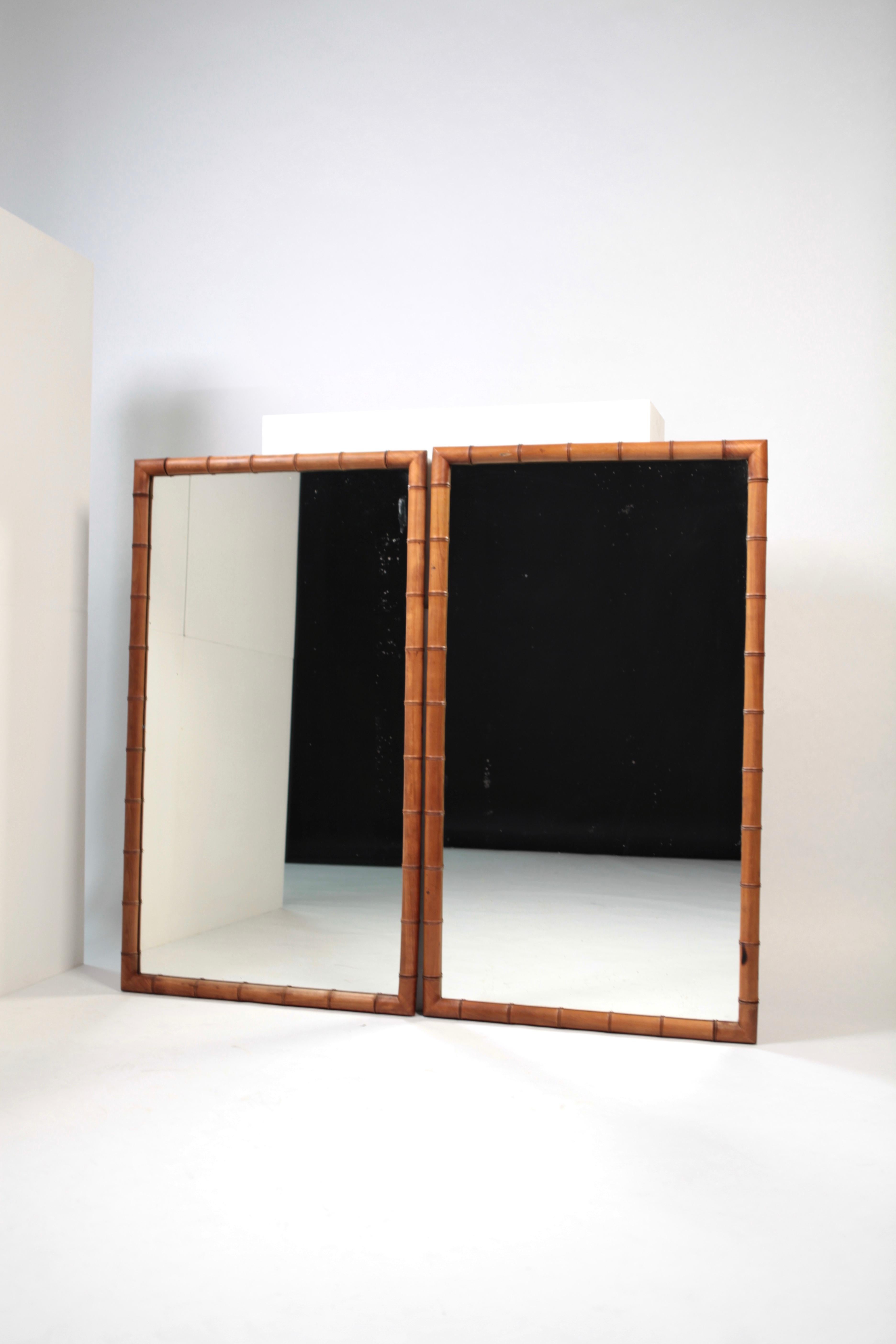 Stained Pair of French Faux Bamboo Mirrors in Walnut, France, circa 1890