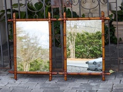 Pair of French Faux Bamboo Rectangular Wall Mirrors in Carved Walnut, circa 1920