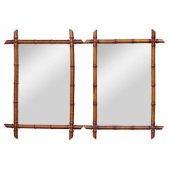 Pair of French Faux Bamboo Rectangular Wall Mirrors in Carved Walnut, circa 1920