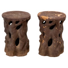 Pair of French Faux Bois Terra Cotta Antique Garden Stools