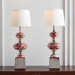 Pair of French Faux Red Rosso Lavanto Marble and Chrome Table Lamps