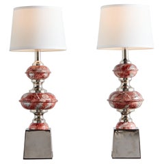 Pair of French Faux Red Rosso Lavanto Marble and Chrome Table Lamps