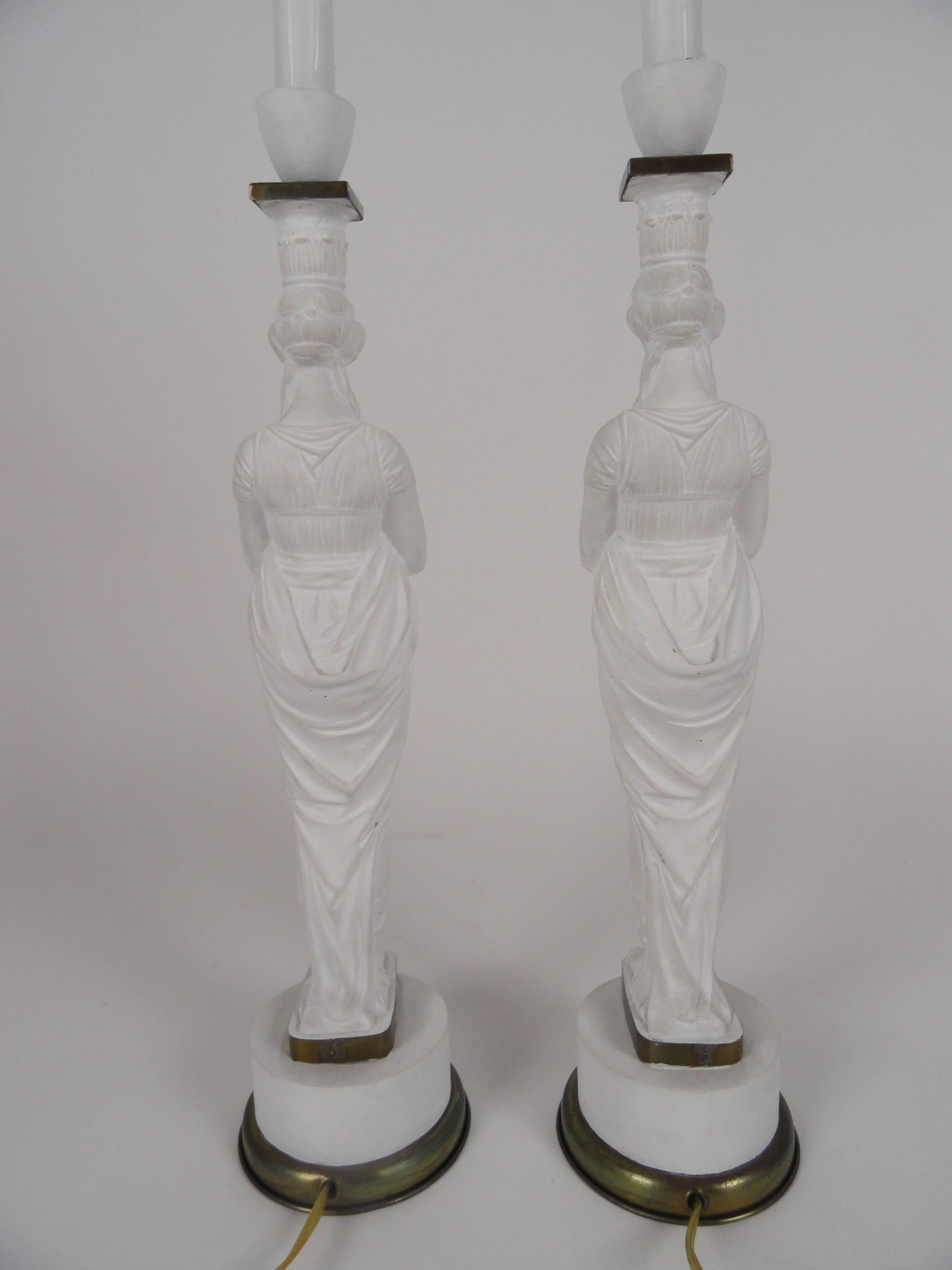 Neoclassical Pair of French Female Figure Metal Lamps For Sale
