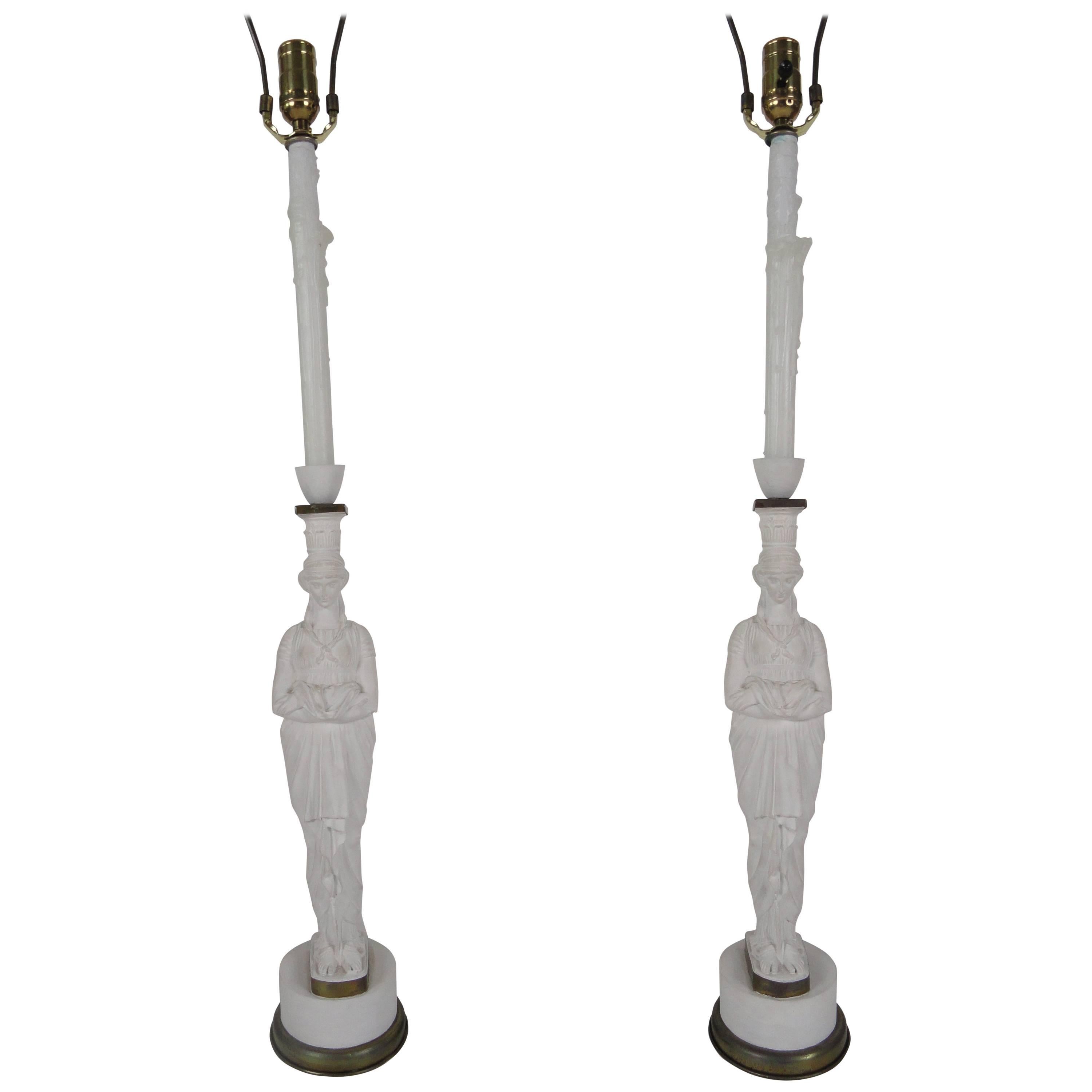 Pair of French Female Figure Metal Lamps For Sale