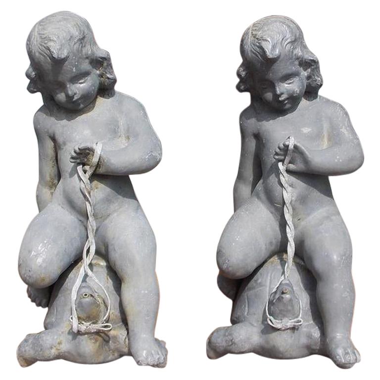 Pair of French Figural Cherub Form Lead Fountains Riding on Turtles, Circa 1860