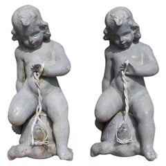 Retro Pair of French Figural Cherub Form Lead Fountains Riding on Turtles, Circa 1860