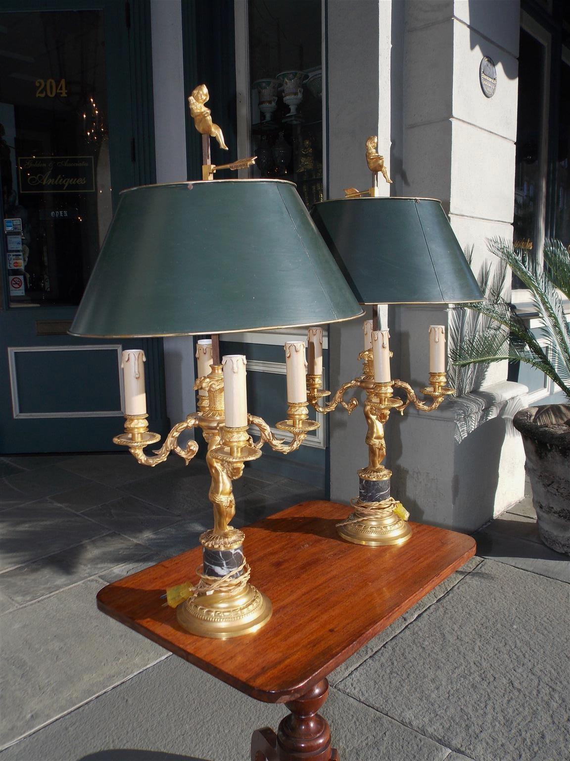 Pair of French Figural Gilt Bronze & Marble Four-Light Bouillotte Lamps, C. 1840 For Sale 4