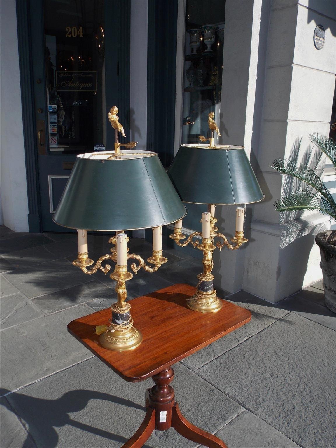 Louis Philippe Pair of French Figural Gilt Bronze & Marble Four-Light Bouillotte Lamps, C. 1840 For Sale