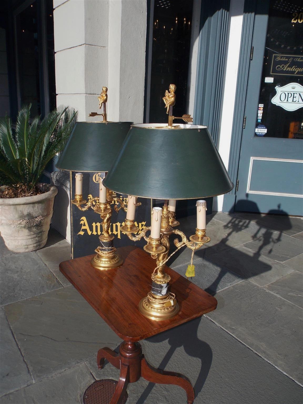 Painted Pair of French Figural Gilt Bronze & Marble Four-Light Bouillotte Lamps, C. 1840 For Sale