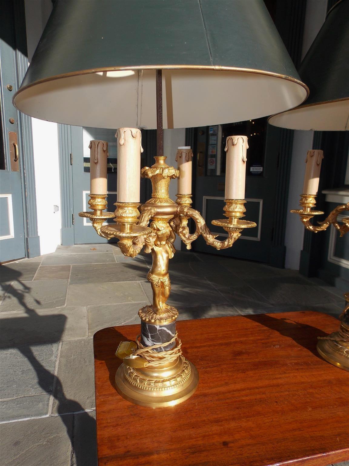 Mid-19th Century Pair of French Figural Gilt Bronze & Marble Four-Light Bouillotte Lamps, C. 1840 For Sale