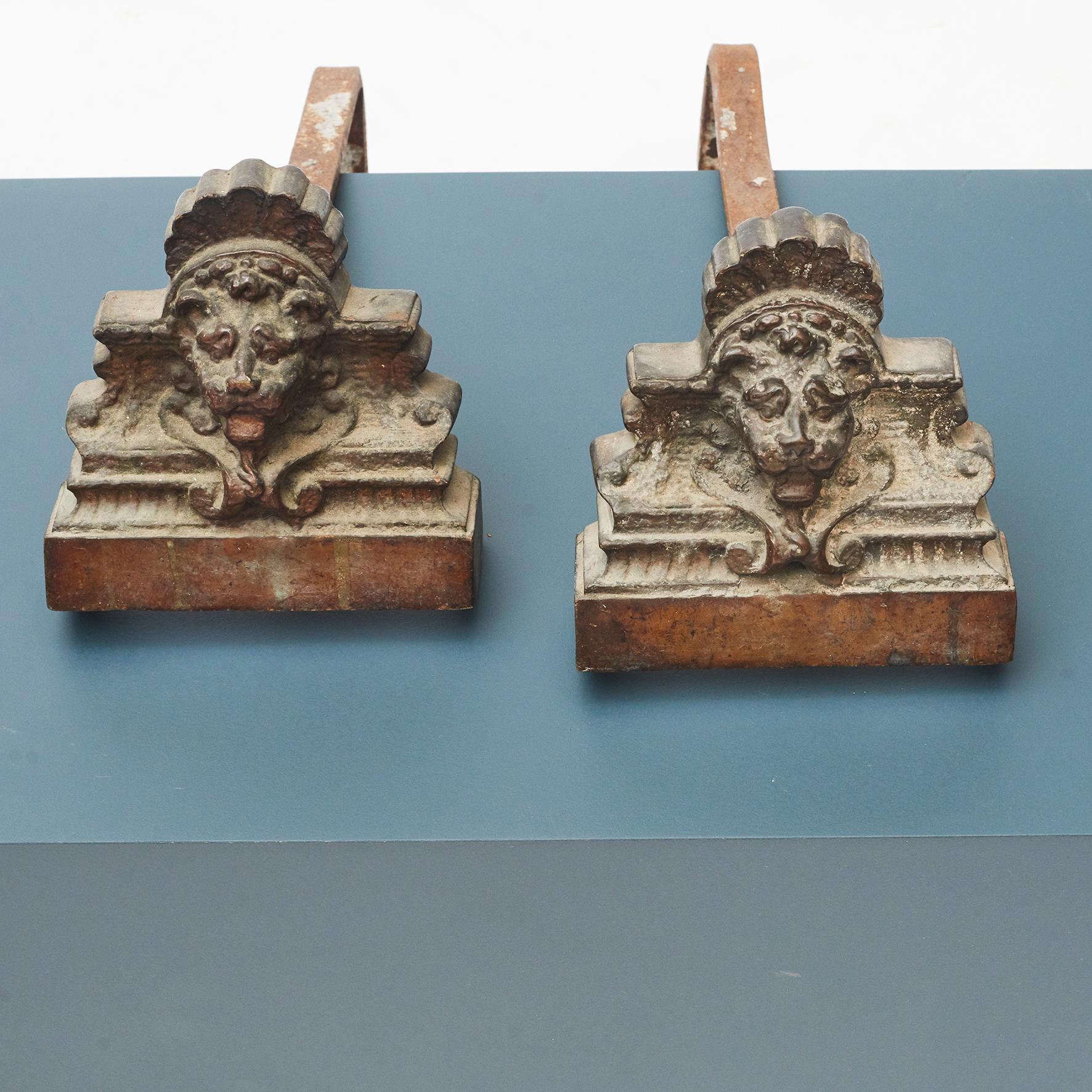 Pair of French baroque style fireplace bucks. Front with bronze lion heads,
Mid-19th century. Untouched condition with beautiful aged patina.
 