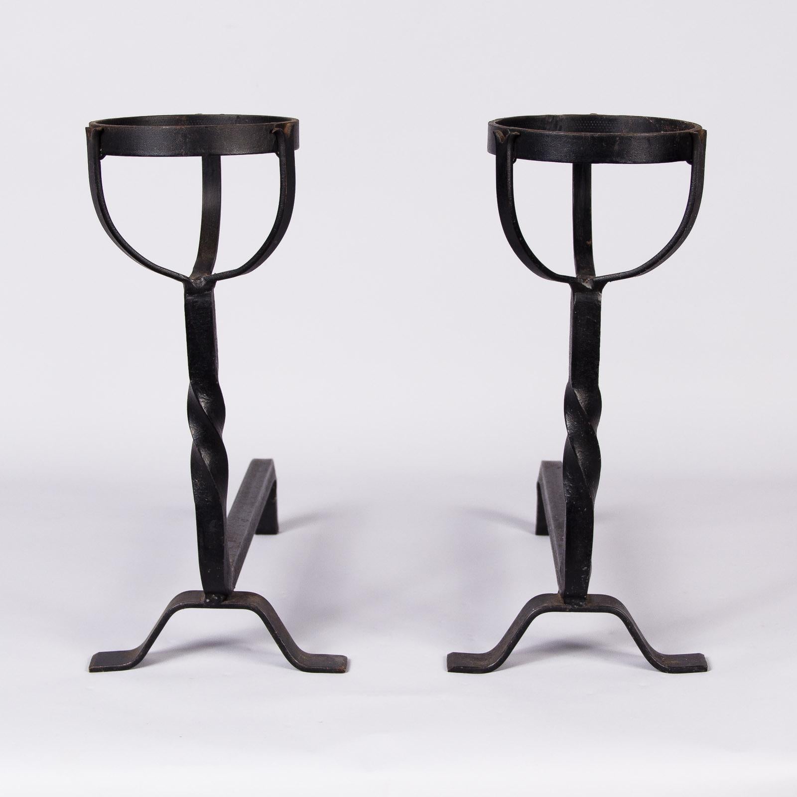 Pair of French Fireplace Wrought Iron Andirons, 1940s 4