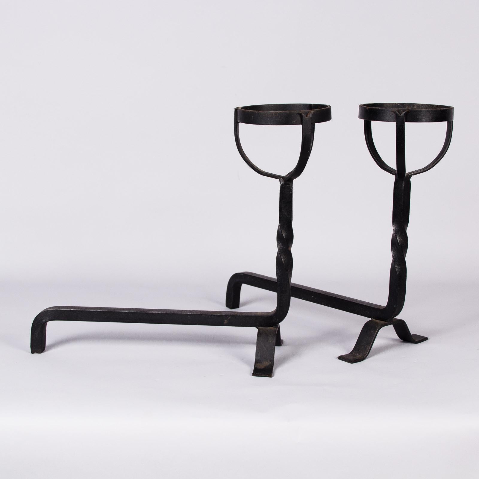 Pair of French Fireplace Wrought Iron Andirons, 1940s 5