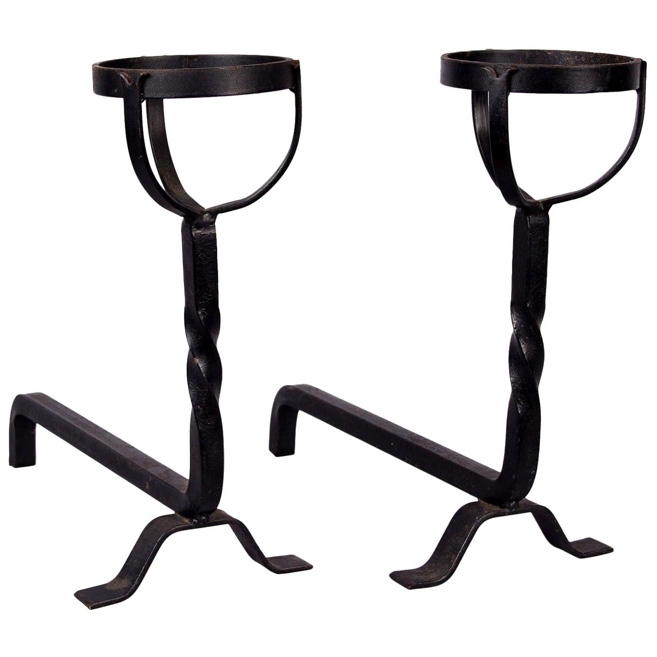 Pair of French Fireplace Wrought Iron Andirons, 1940s