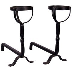 Pair of French Fireplace Wrought Iron Andirons, 1940s