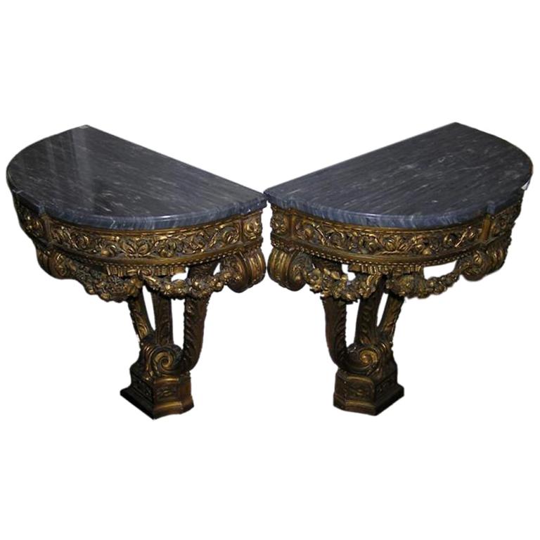 Pair of French Floral Gilt & Marble Top Demi-Lune Consoles , Circa 1790