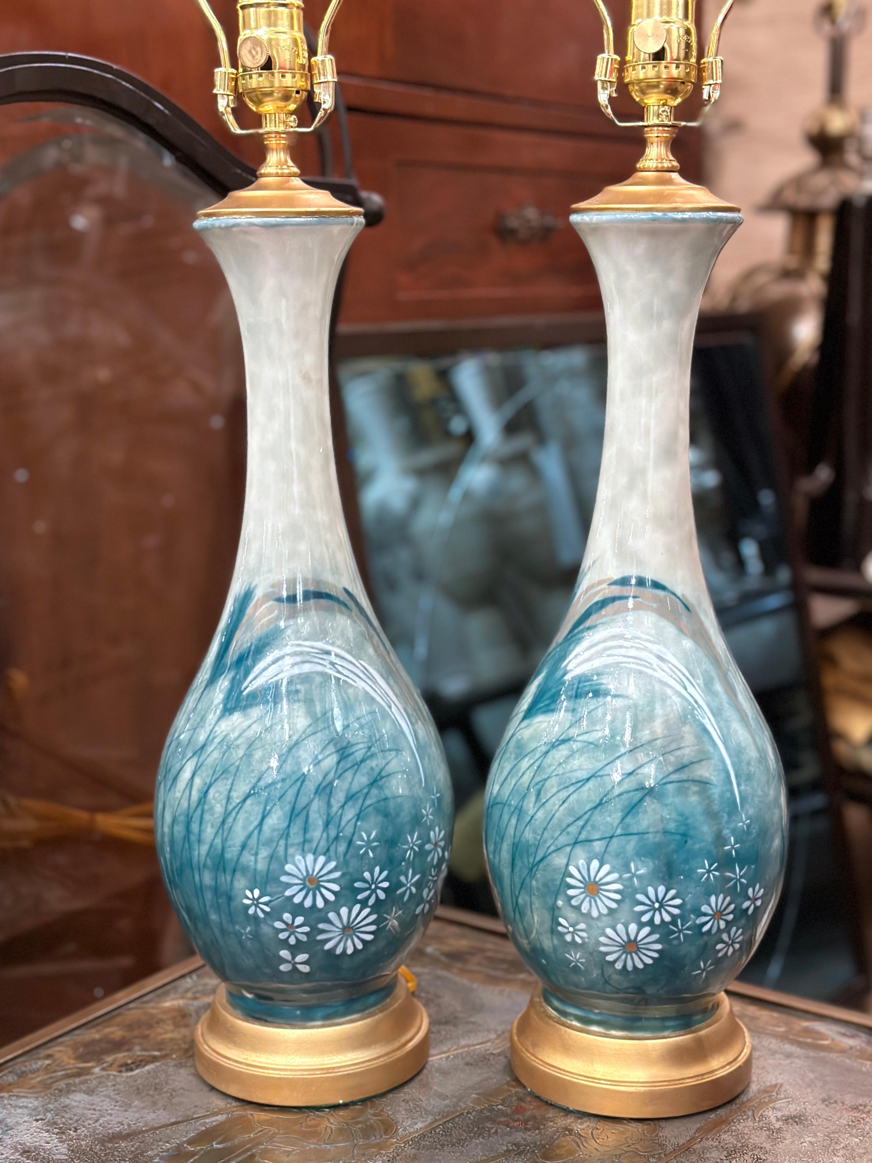 Porcelain Pair of French Floral Lamps For Sale