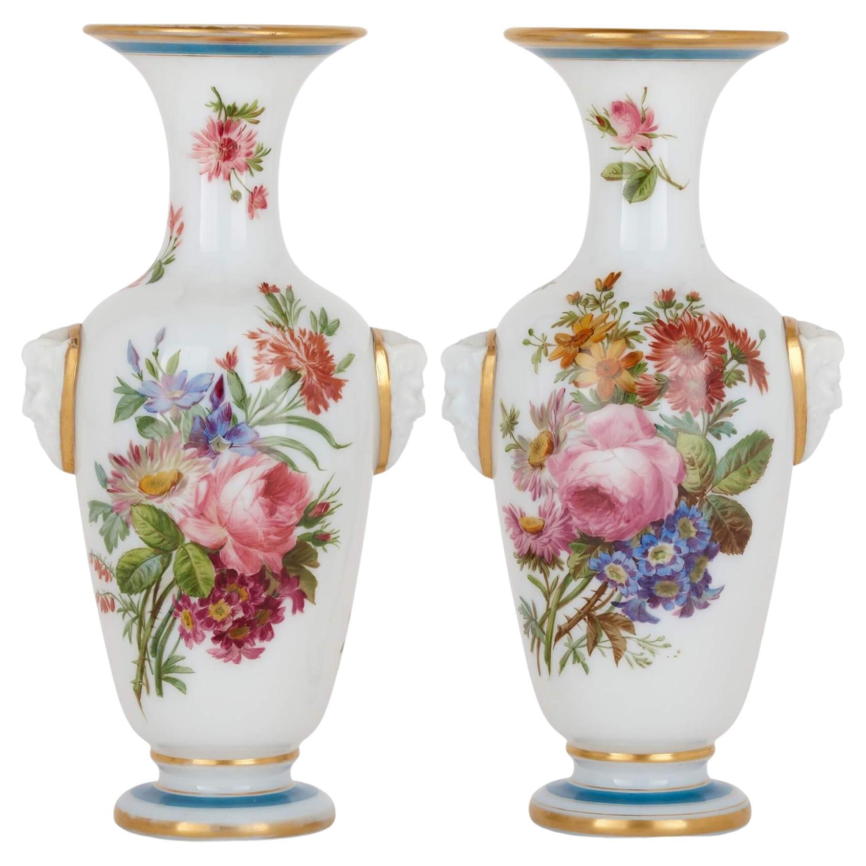 Pair of French floral opaline glass vases by Baccarat For Sale