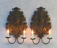 Pair of Large French Floral Wall Light Sconces Tôle Repoussé C1900 FREE SHIPPING
