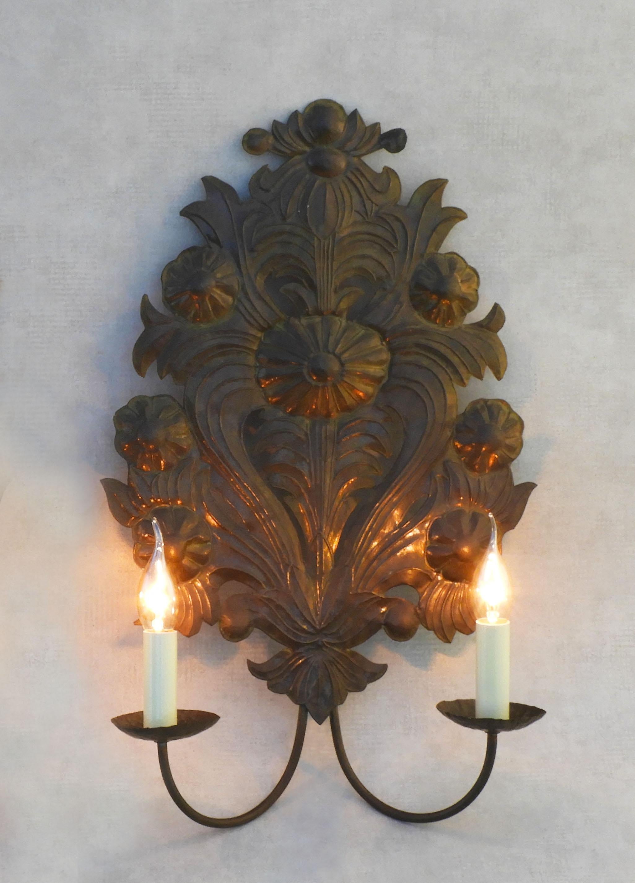 French Provincial Pair of Large French Floral Wall Light Sconces Tôle Repoussé C1900 FREE SHIPPING