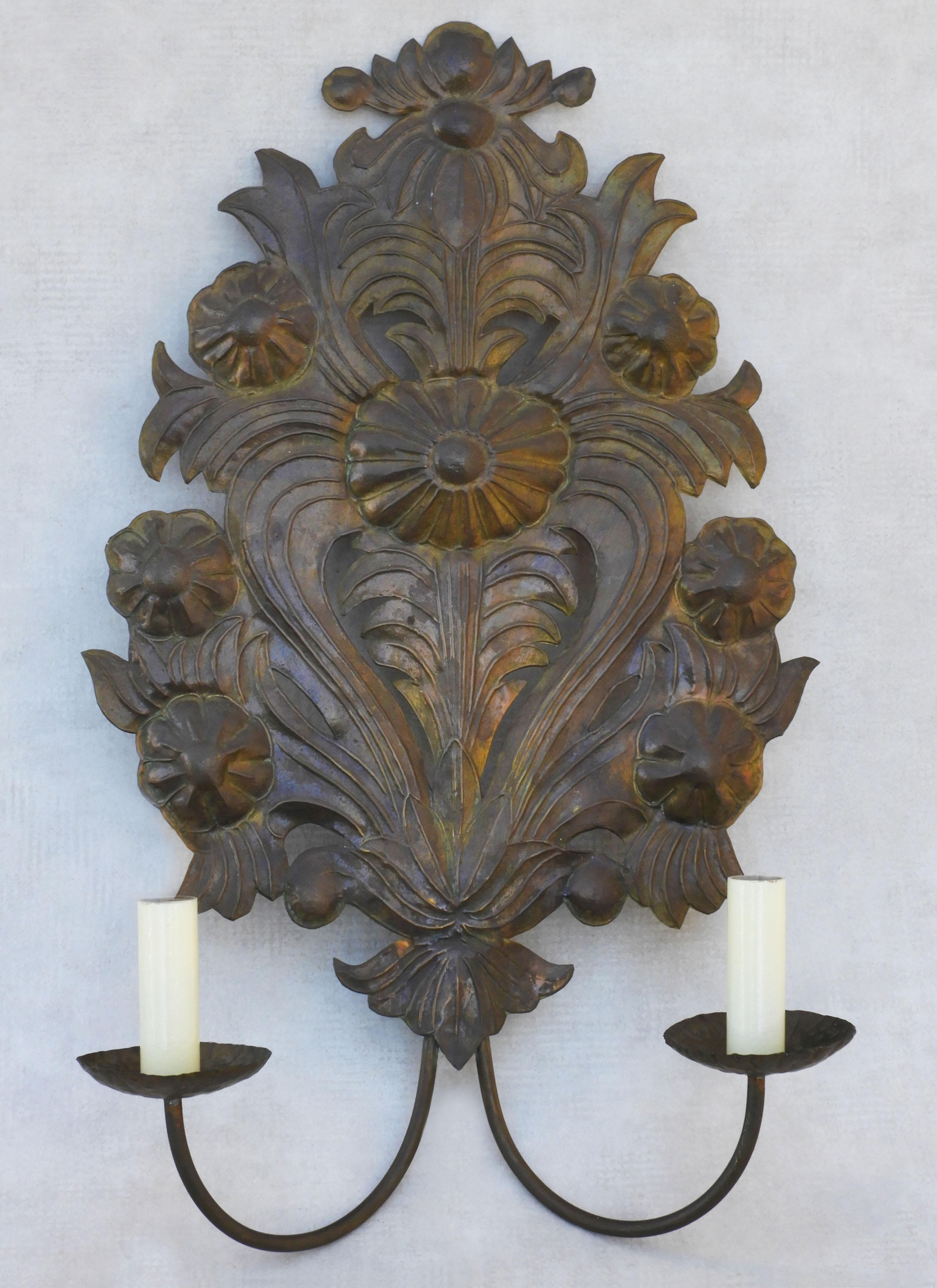 Embossed Pair of Large French Floral Wall Light Sconces Tôle Repoussé C1900 FREE SHIPPING
