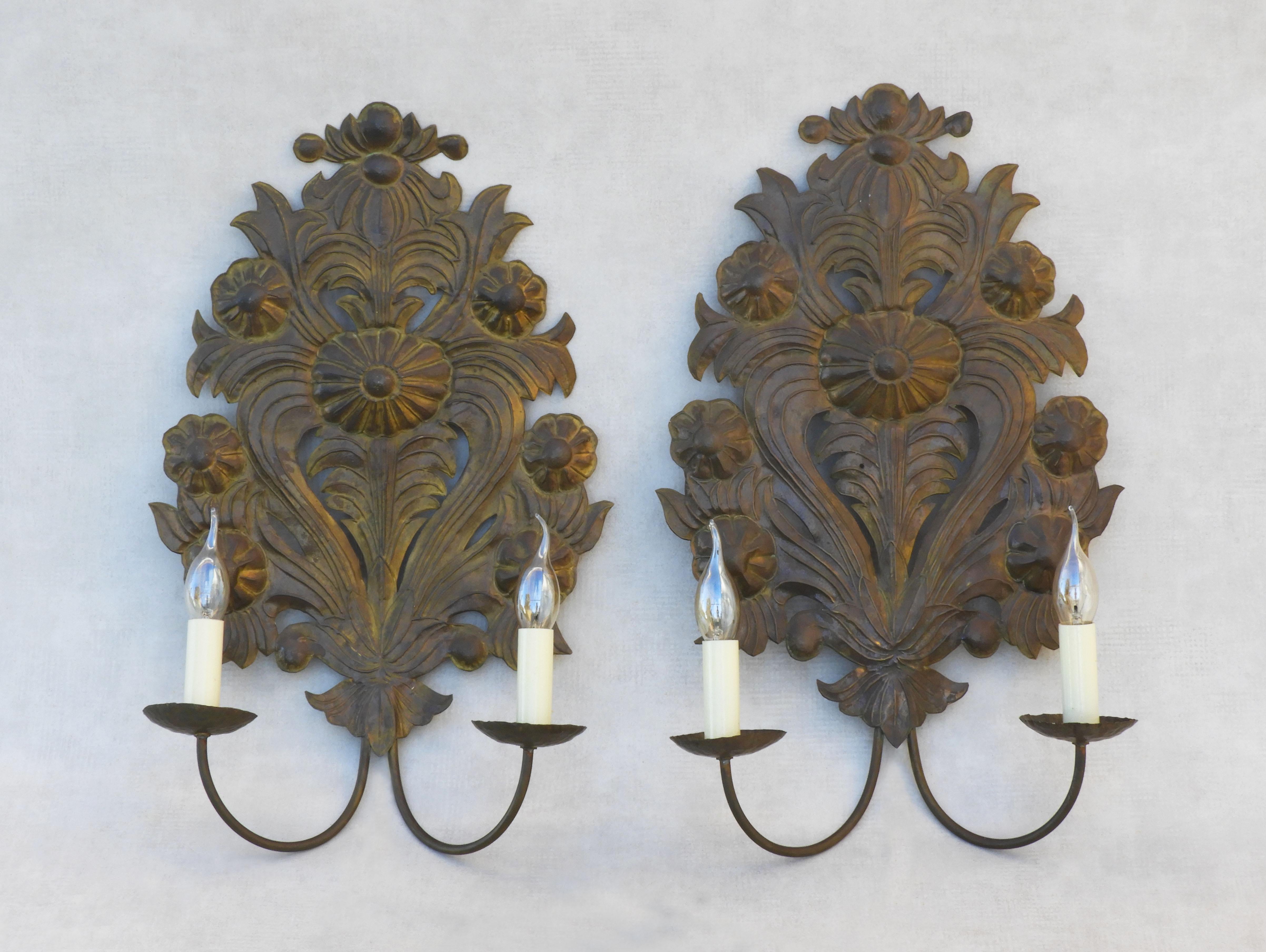 20th Century Pair of Large French Floral Wall Light Sconces Tôle Repoussé C1900 FREE SHIPPING