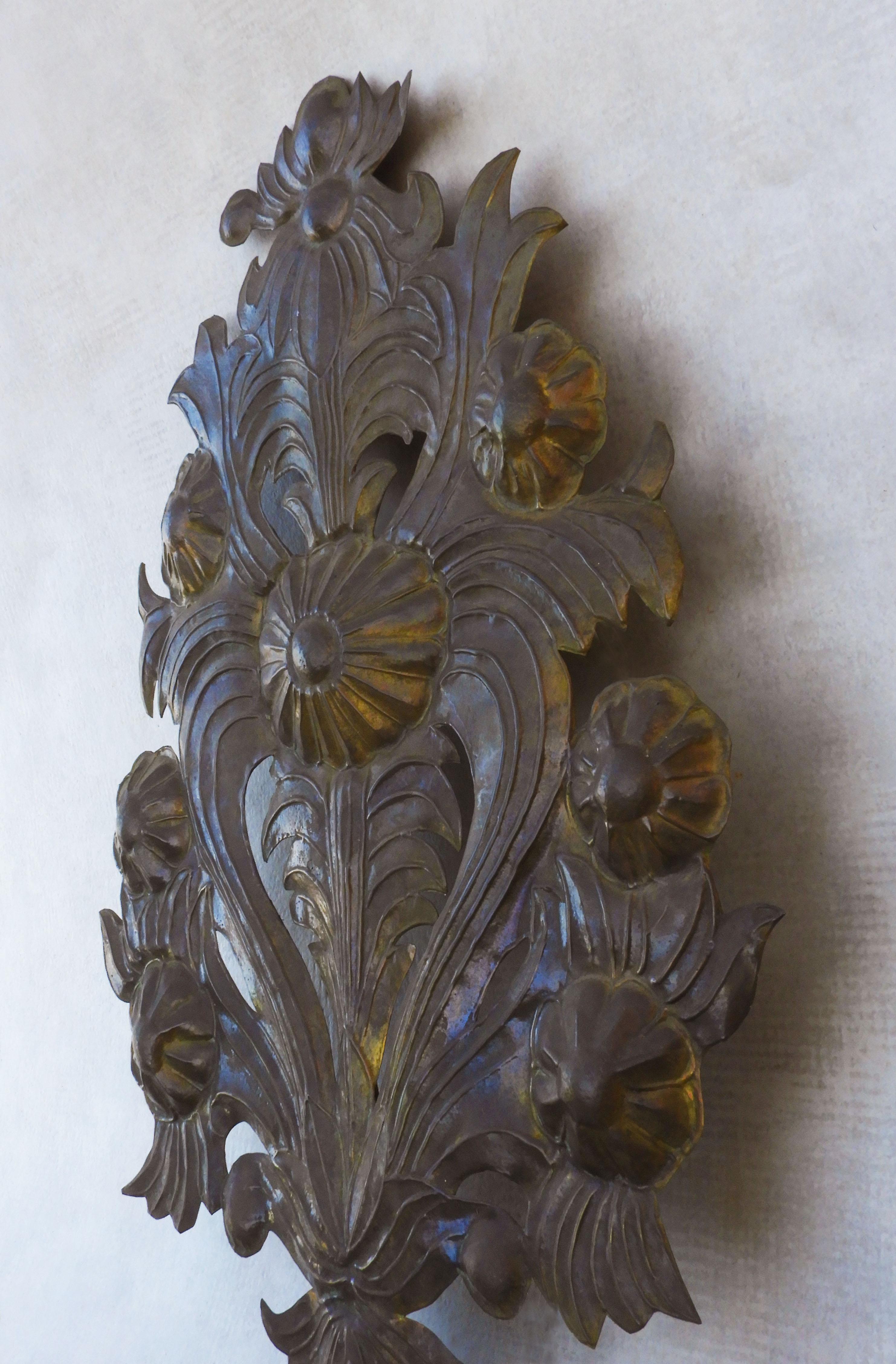 Pair of Large French Floral Wall Light Sconces Tôle Repoussé C1900 FREE SHIPPING 1