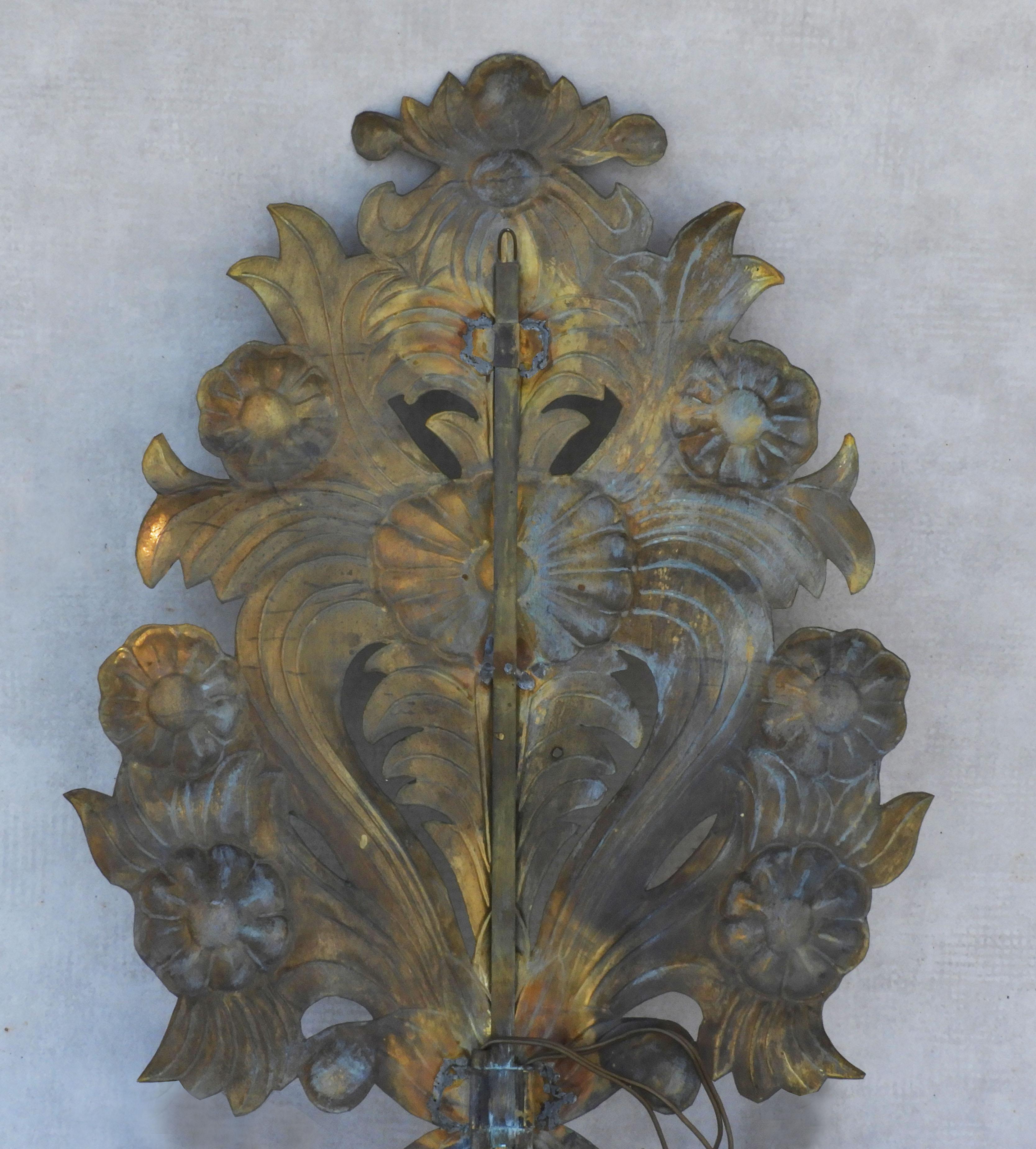 Pair of Large French Floral Wall Light Sconces Tôle Repoussé C1900 FREE SHIPPING 2