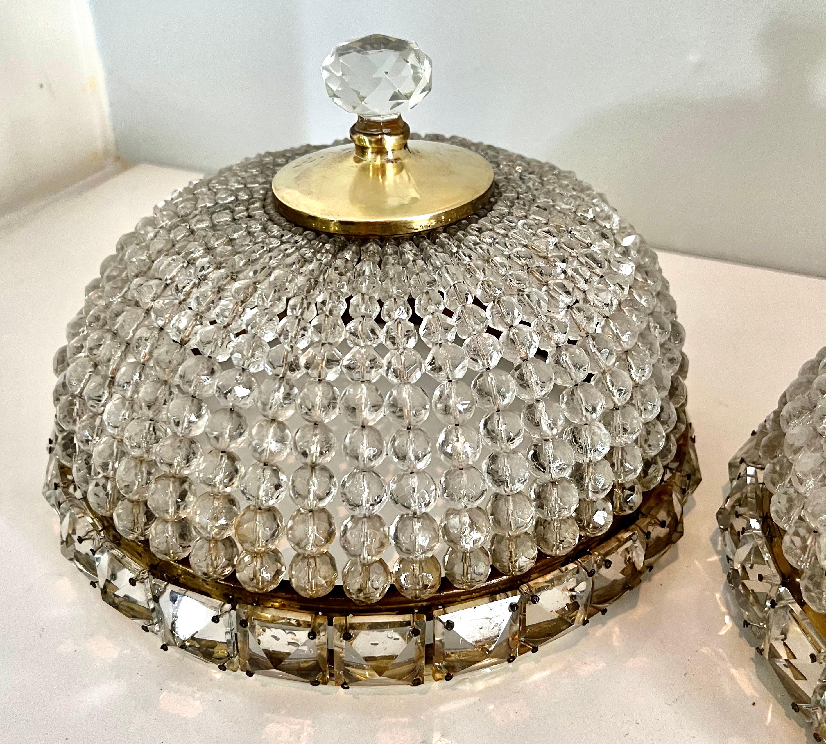 Pair of French Flushmount Beaded Crystal Chandeliers For Sale 4
