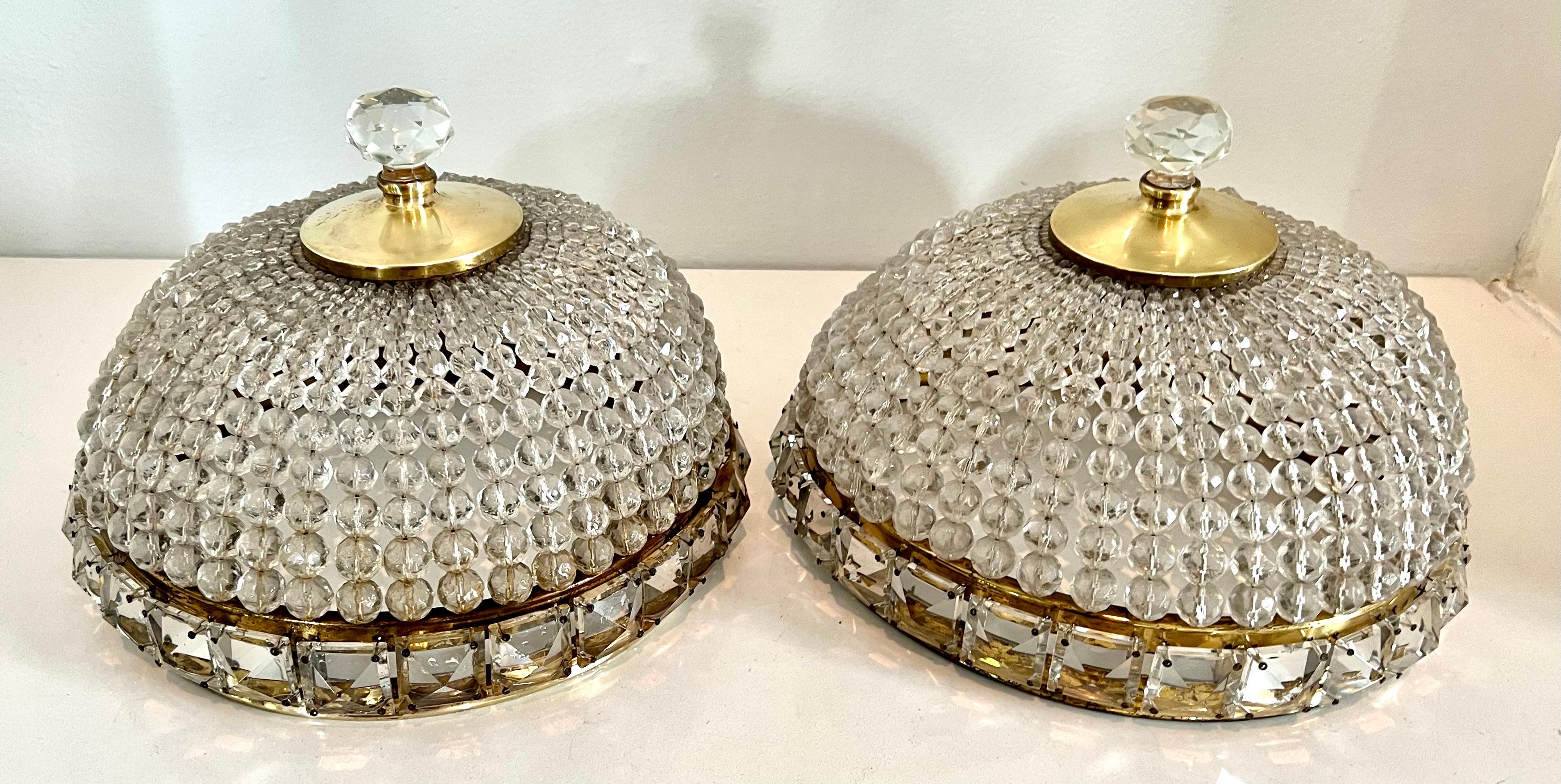 Pair of French Flushmount Beaded Crystal Chandeliers For Sale 6