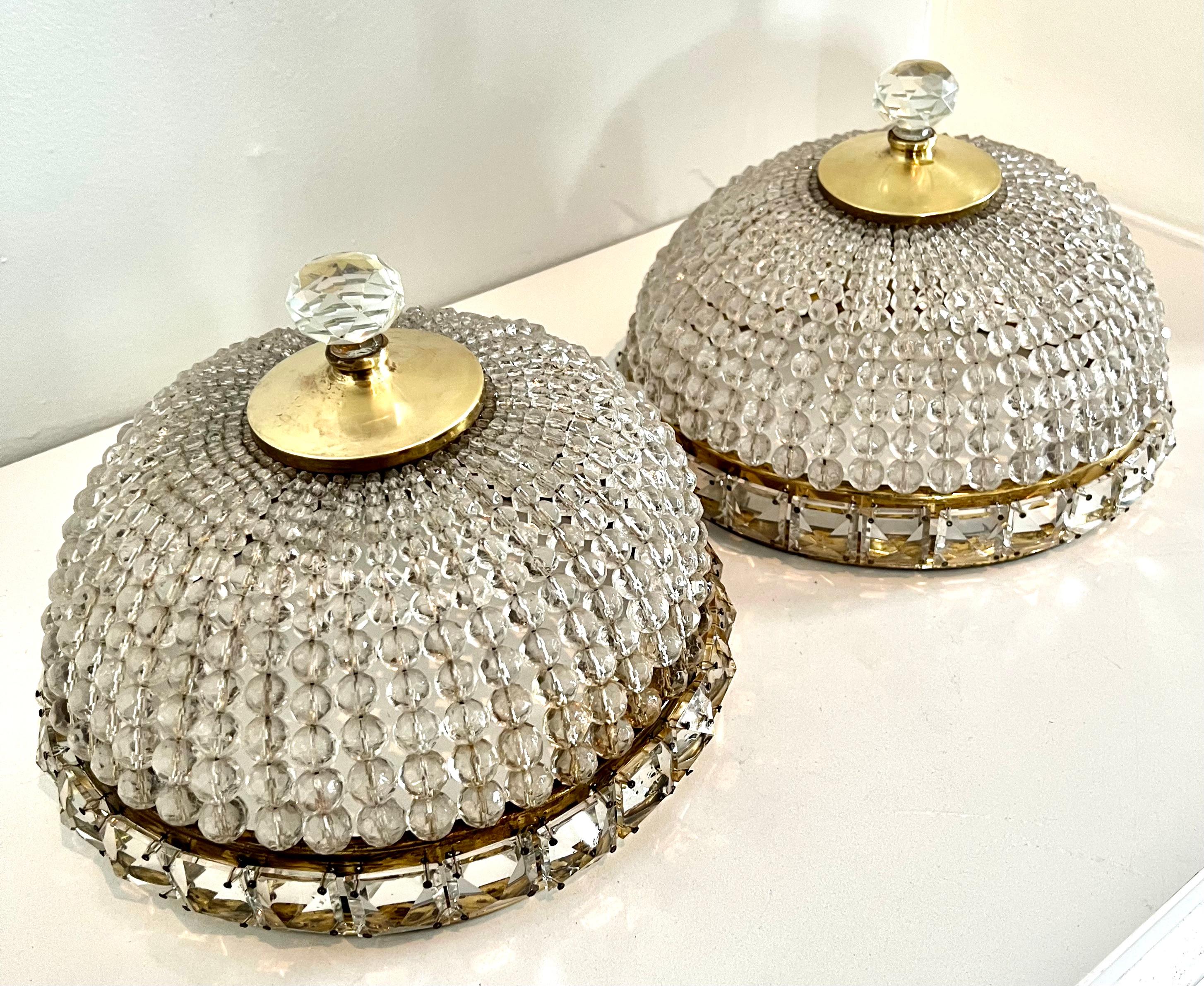 Pair of French Flushmount Beaded Crystal Chandeliers For Sale 7