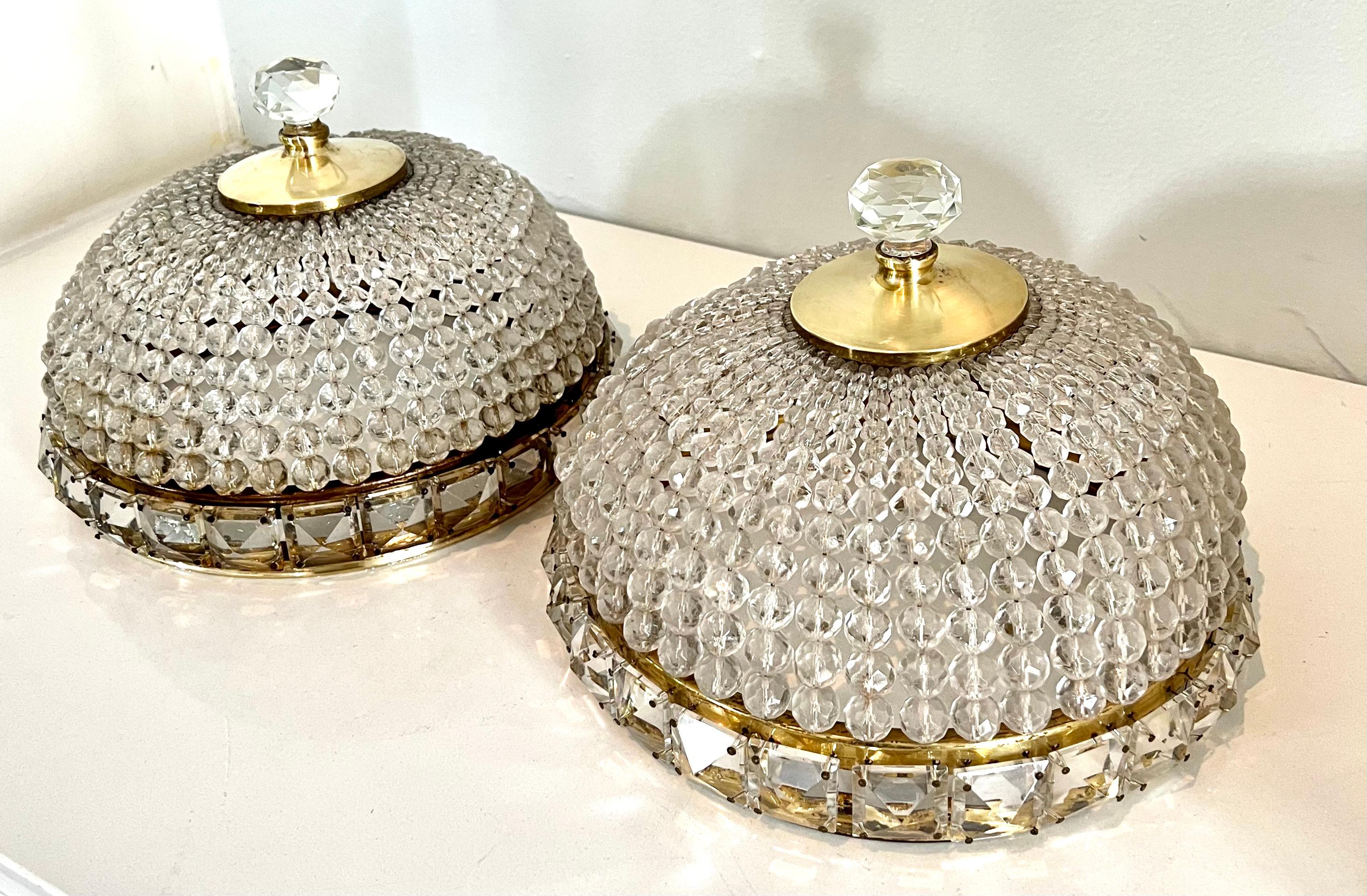 Pair of French Flushmount Beaded Crystal Chandeliers For Sale 8