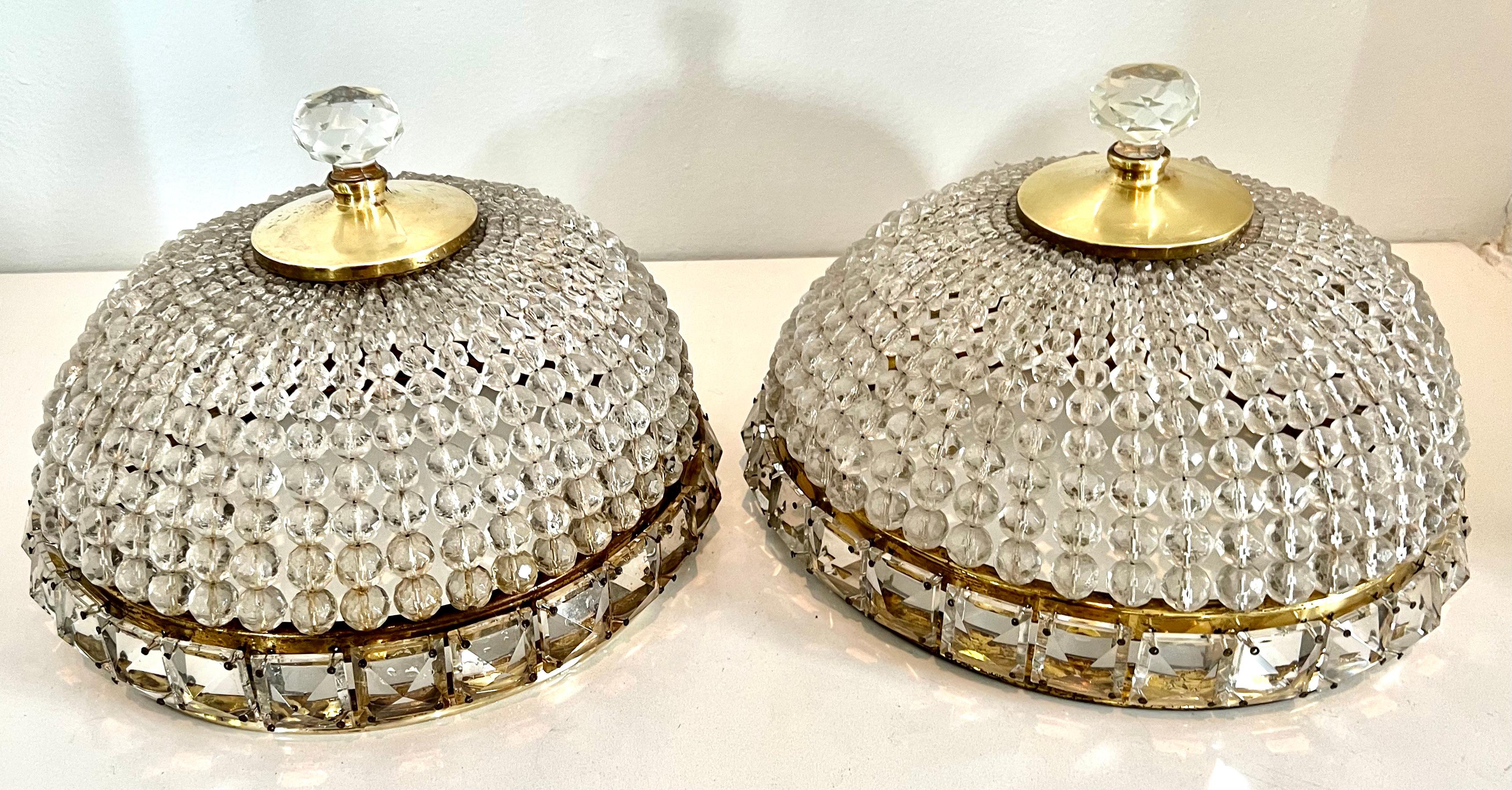 Pair of French Flushmount Beaded Crystal Chandeliers For Sale 9