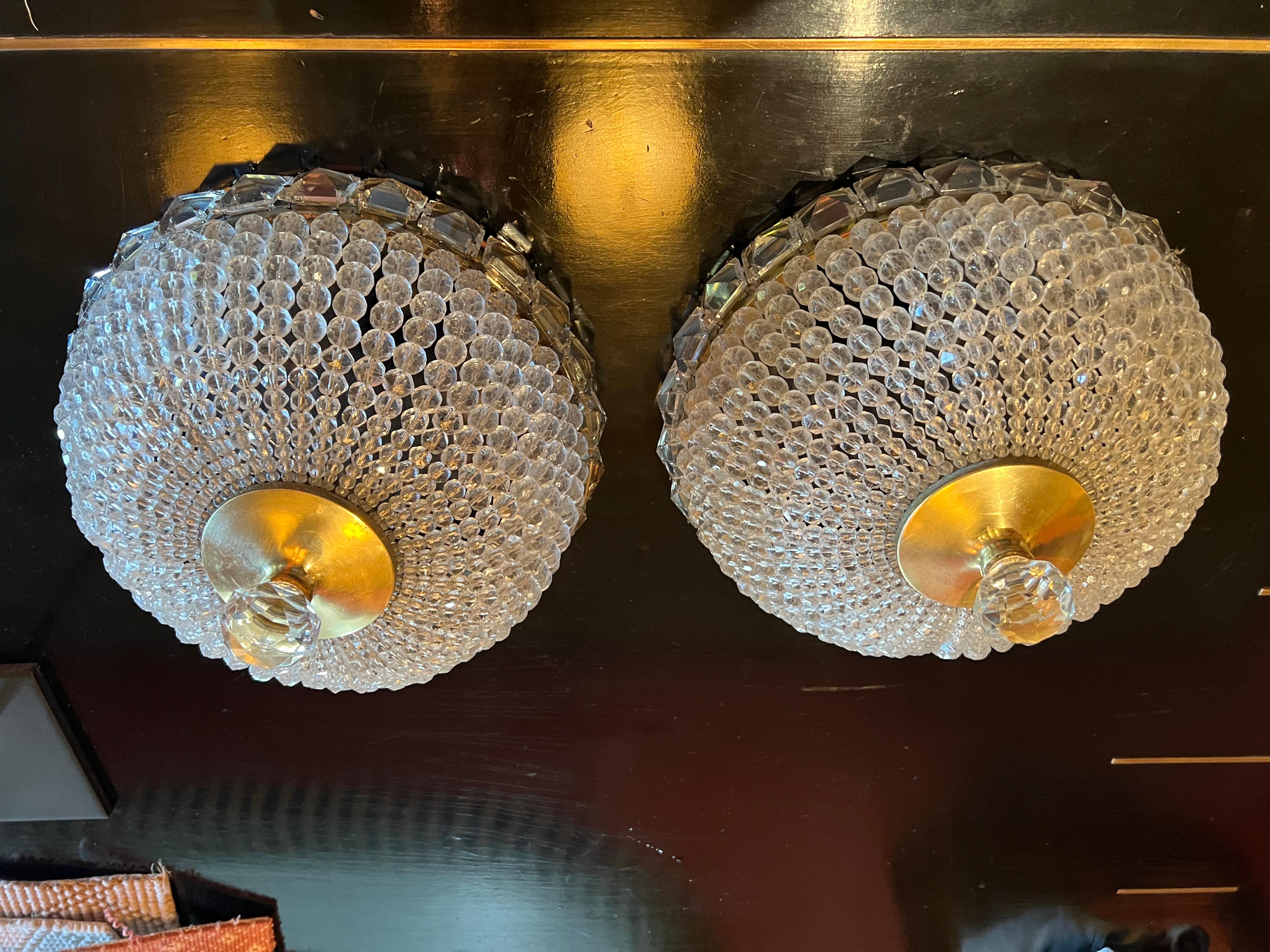 Pair of French Flushmount Beaded Crystal Chandeliers In Good Condition For Sale In Los Angeles, CA