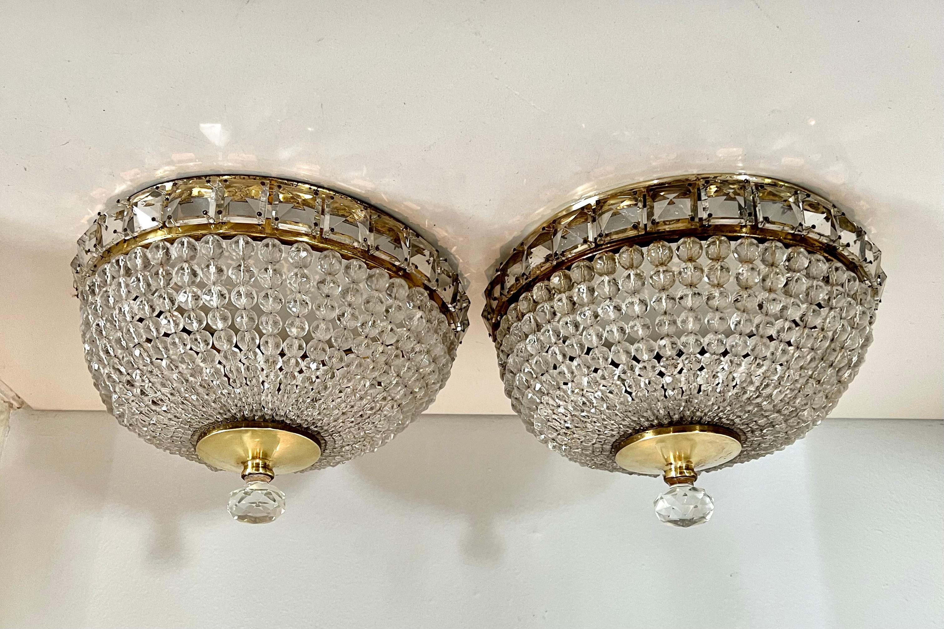 Pair of French Flushmount Beaded Crystal Chandeliers For Sale 1