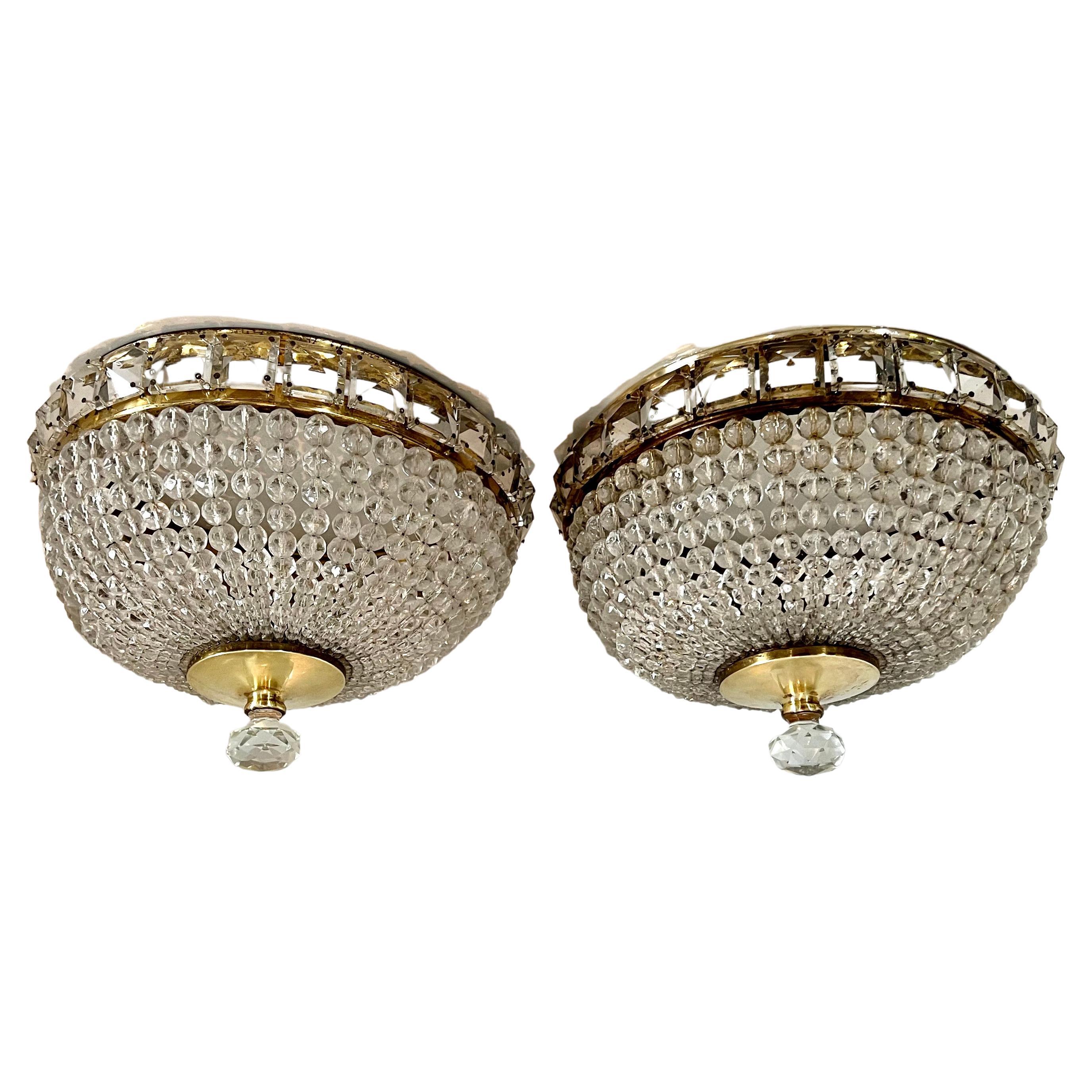 Pair of French Flushmount Beaded Crystal Chandeliers For Sale