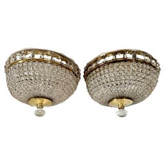 Pair of French Flushmount Beaded Crystal Chandeliers