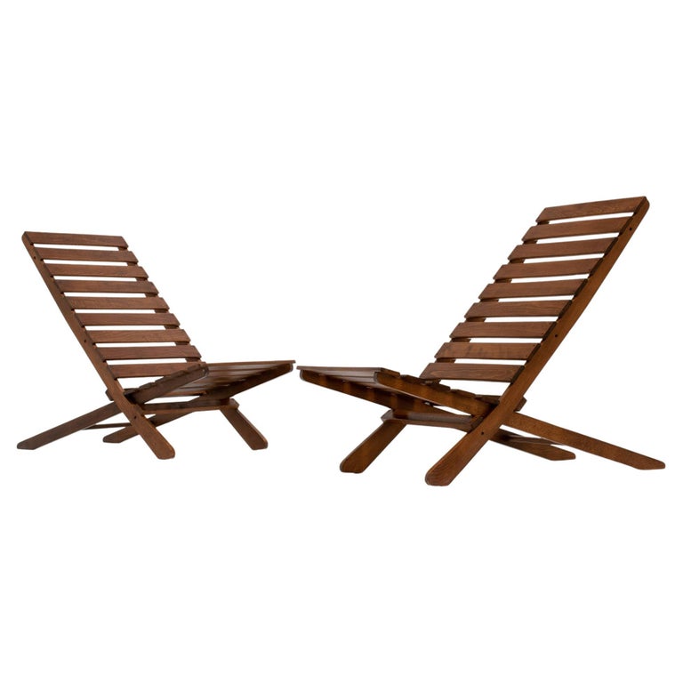 Pair of French Folding Chairs in Stained Teak, France 1950s For Sale at