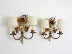 Pair of French Foliage Floral Wall Sconces in Polychrome Gilt Iron, 1940s