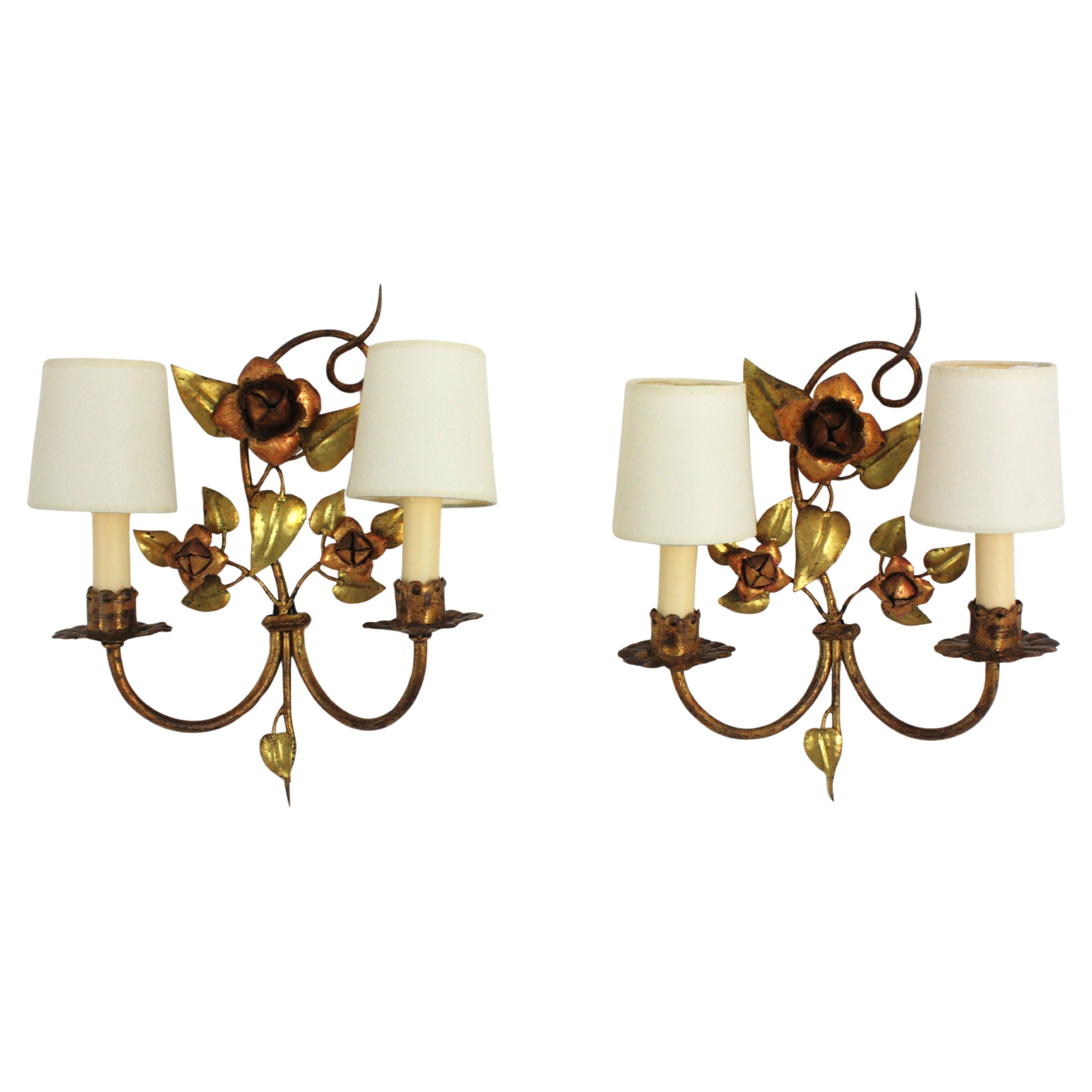 Pair of French Foliage Floral Wall Sconces in Polychrome Gilt Iron, 1940s For Sale