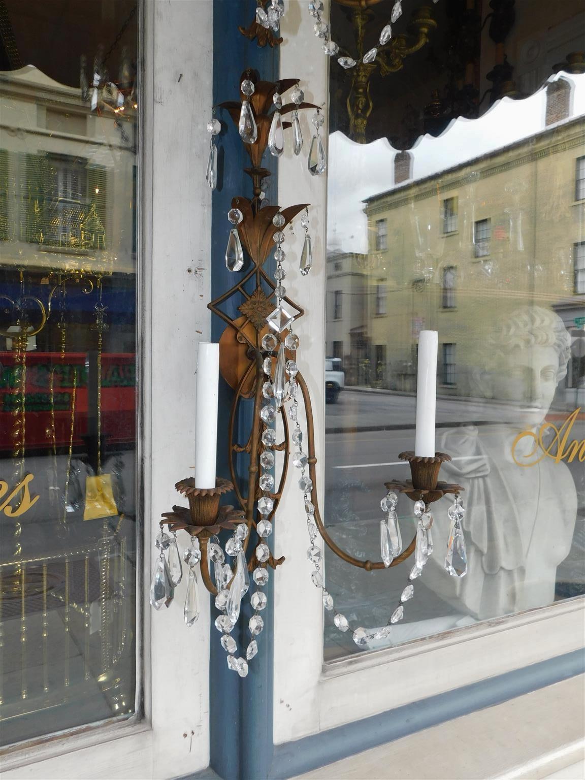 Late 19th Century Pair of French Foliage Gilt Bronze and Crystal Two Arm Wall Sconces, Circa 1870 For Sale