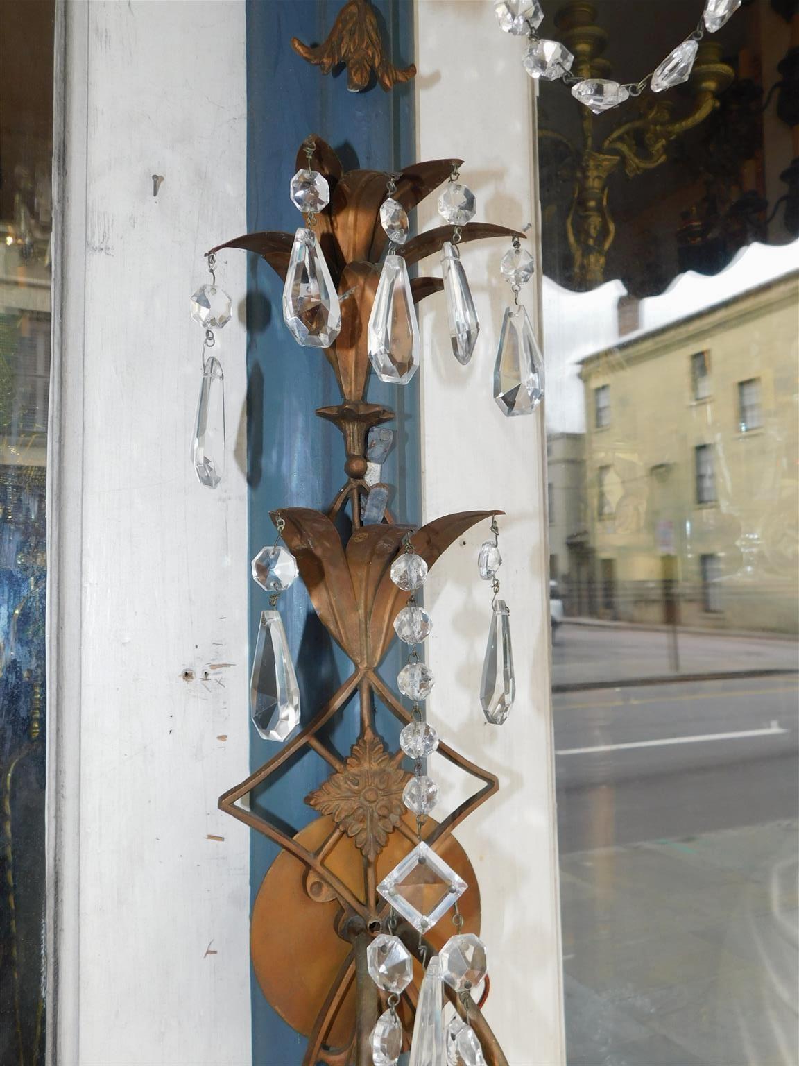 Pair of French Foliage Gilt Bronze and Crystal Two Arm Wall Sconces, Circa 1870 For Sale 1