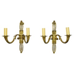 Pair of French Foliate Brass 2 Arm Wall Sconces