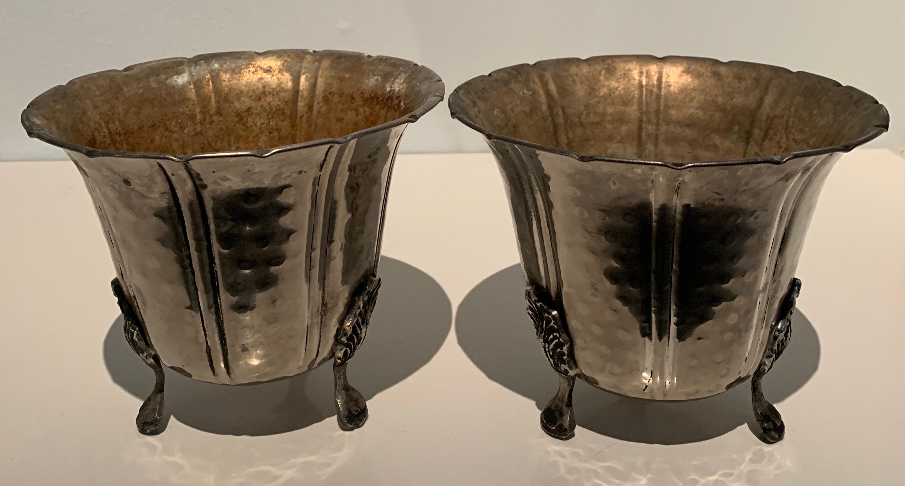 20th Century Pair of French Footed Hammered Silver Planters