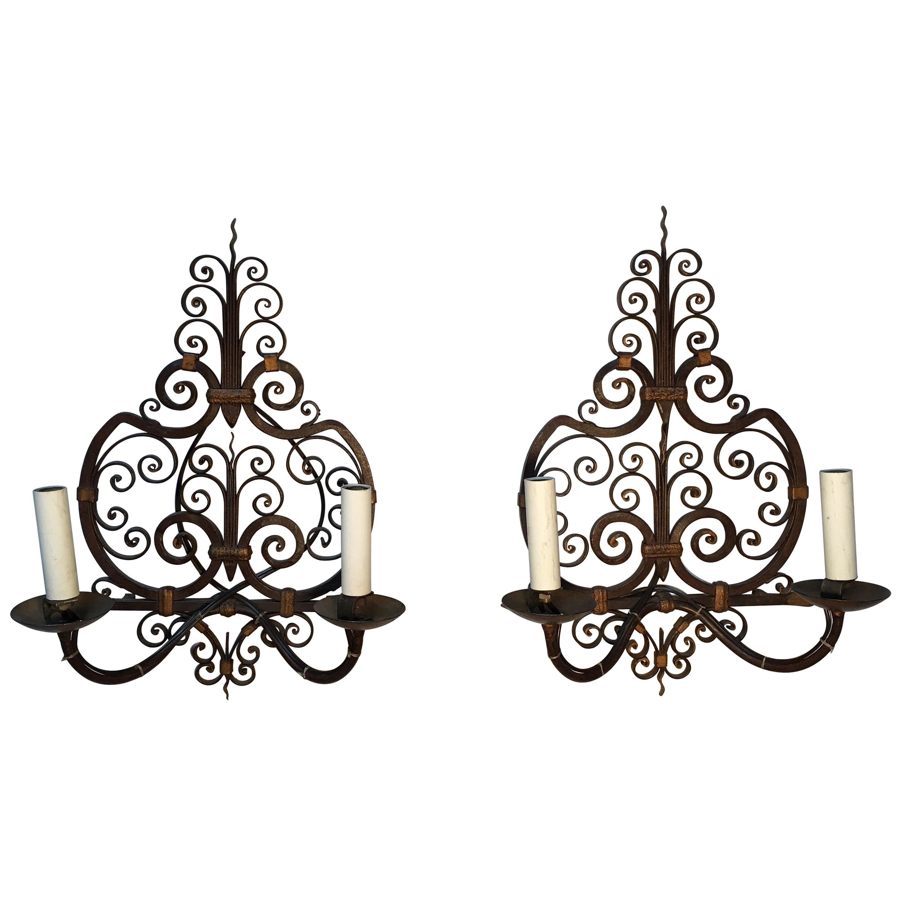 Pair of French Forged Iron Wall Sconces